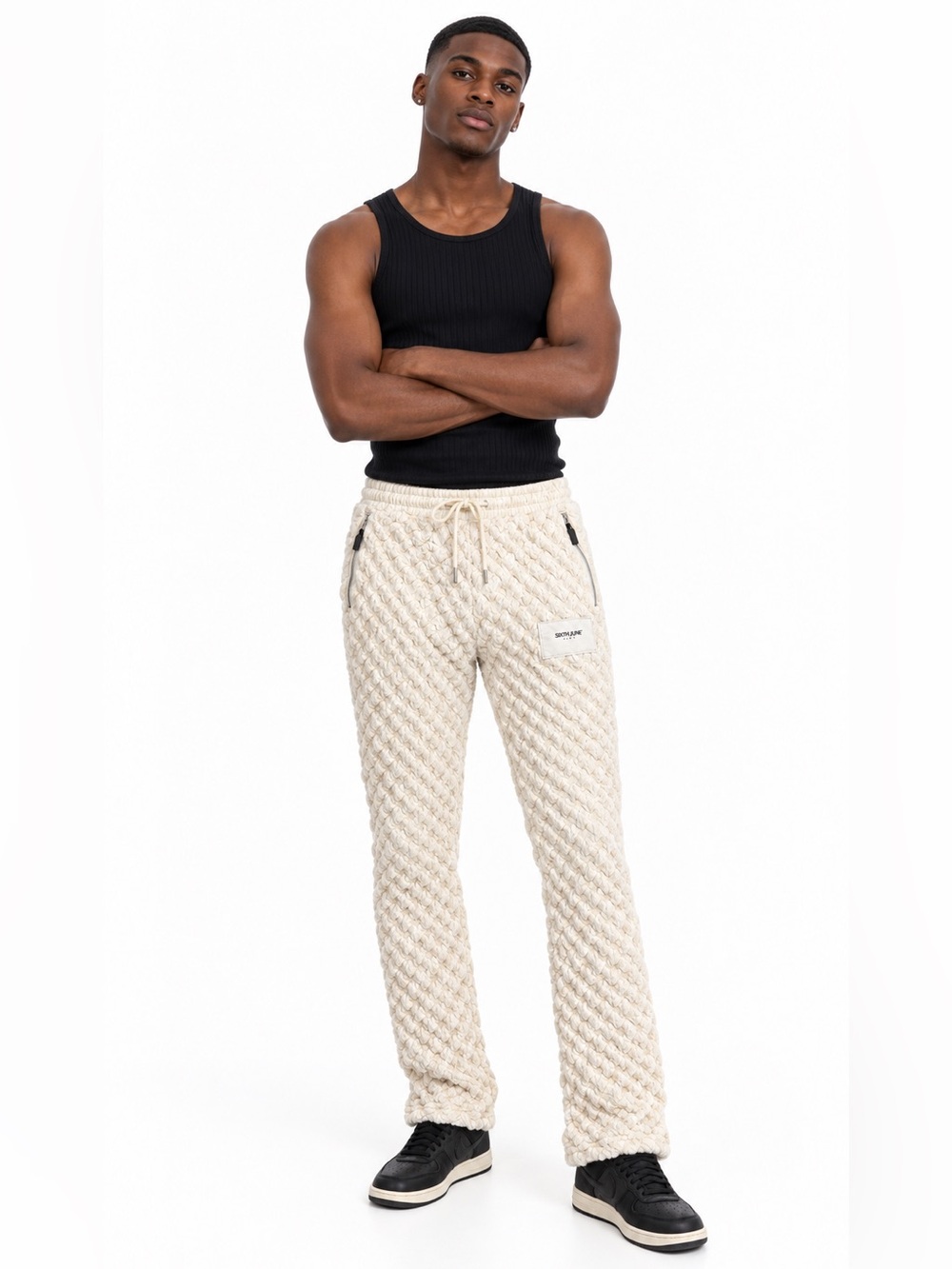 Paris Cream Quilted Textured Stacked Flare Pants Luxury Streetwear NWT
